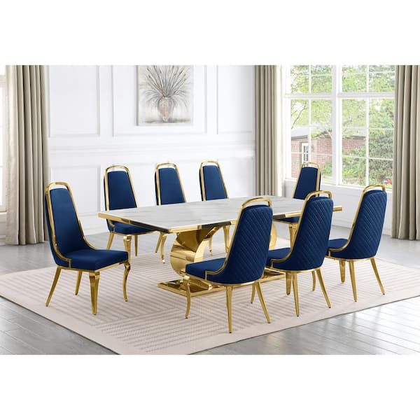 Best Quality Furniture Ibraim 9-Piece Rectangle White Marble Top Gold Stainless Steel Dining Set with 8 Navy Blue Velvet Gold Chrome Iron Chair