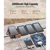 EKIEUDL 20000mAh Portable Solar Power Bank, PD18W Fast Charging with 4 Foldable Panels and Camping Flashlight for Phones, Orange 27E075PH041