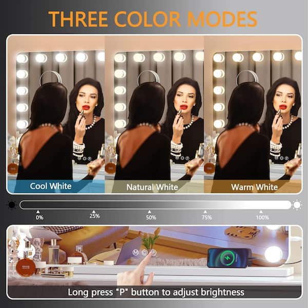 Hasipu White 23.6 in. W x 31.5 in. H Hollywood Makeup Mirror with 17 Dimmable Bulbs, 10 x Magnification, Touch Control, Type-C, HZ006-W