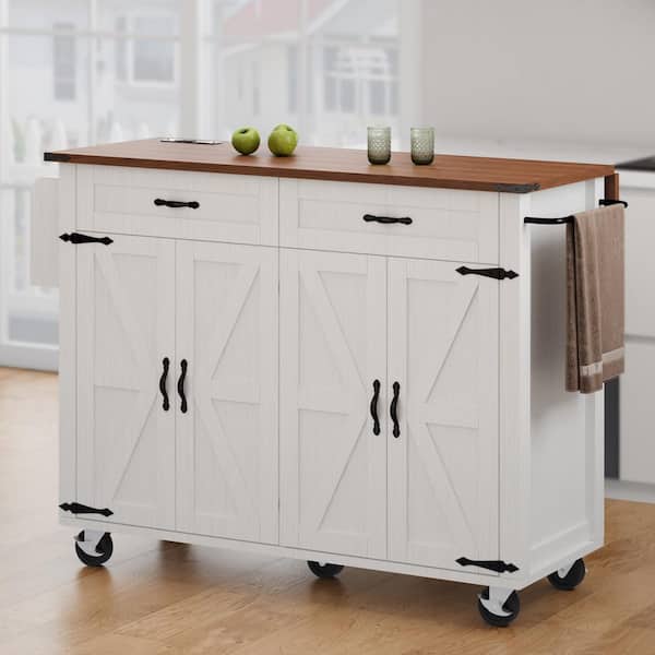 FAMYYT Farmhouse White Drop Leaf Solid Wood Tabletop 54 in. Rolling Kitchen Island with Power Outlet, Spice Rack and Drawer
