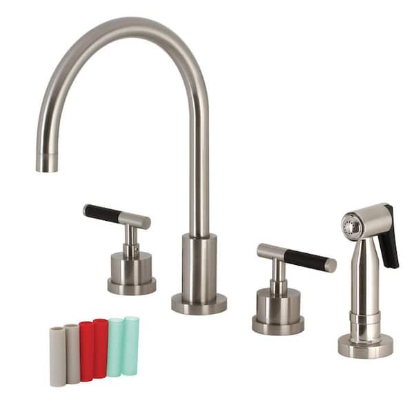 Kingston Brass Kaiser 2-Handle Deck Mount Widespread Kitchen Faucets with Brass Sprayer in Brushed Nickel