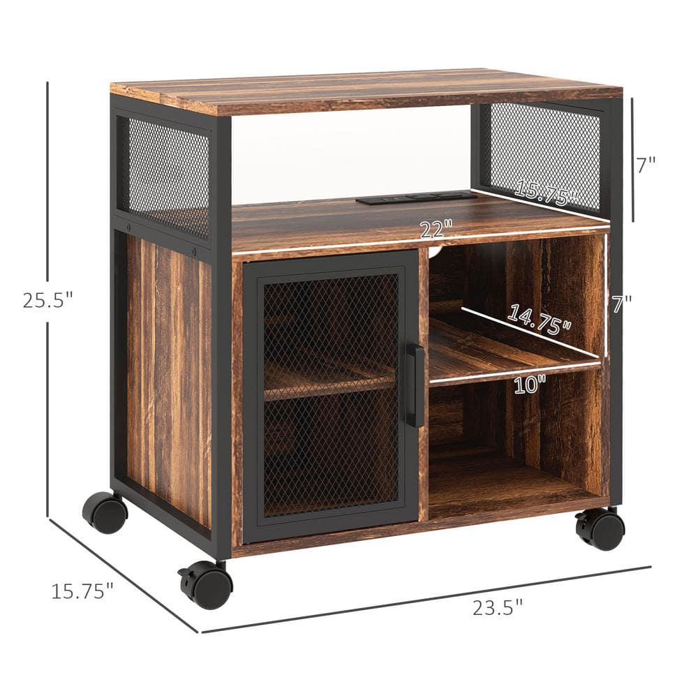 Rustic Brown Mobile Printer Stand with Storage Cabinet and USB Ports