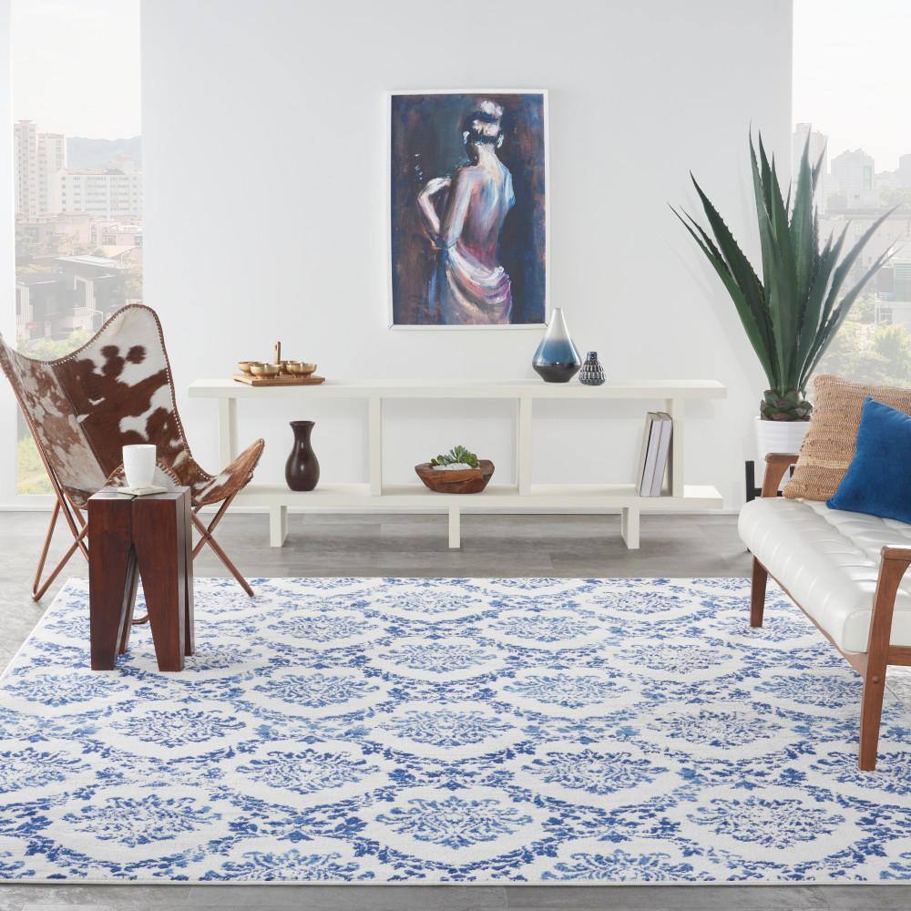Ivory and Navy Geometric Damask 7' x 10' Area Rug