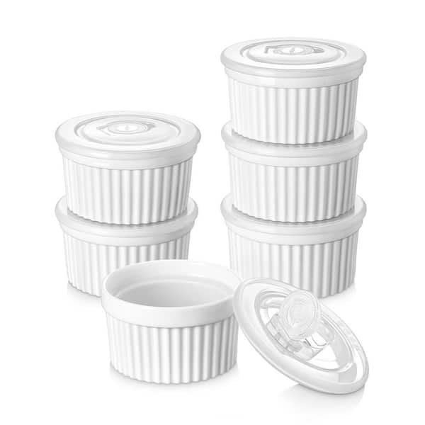 6-Piece White 6 oz. Ramekins with Lid, Porcelain Creme Brulee Souffle Dishes, Dishwasher and Oven Safe