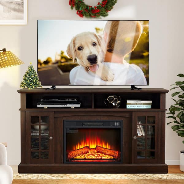 58.25 in. Freestanding Electric Fireplace TV Stand with 23 in. Electric Fireplace Insert, Storage Space, Espresso