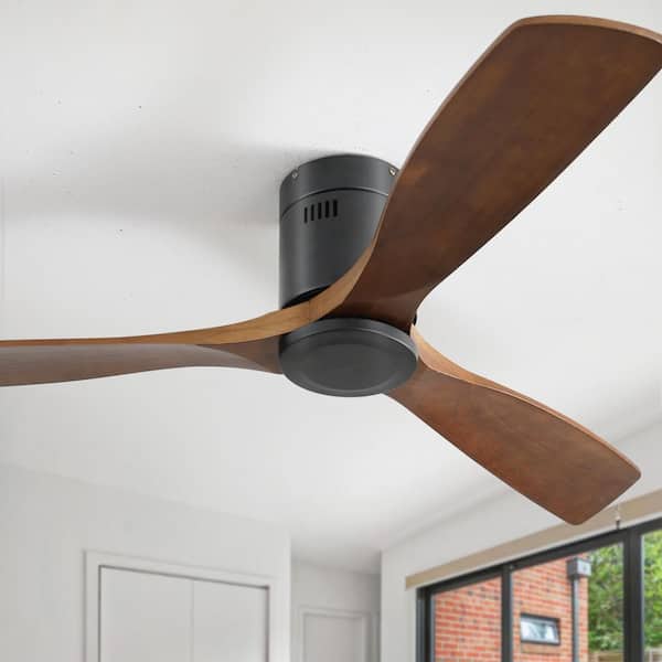 52 in. Indoor/Outdoor Black Low Profile Wood Ceiling Fan Without Light, 6-Speed DC Motor and Remote Control