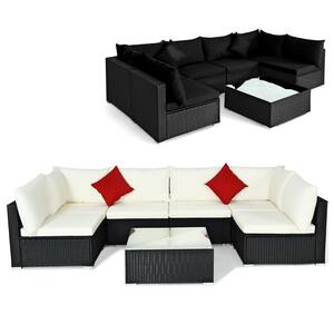 7-Piece Rattan Patio Conversation Sectional Furniture Set with 2 Set Cushion Covers