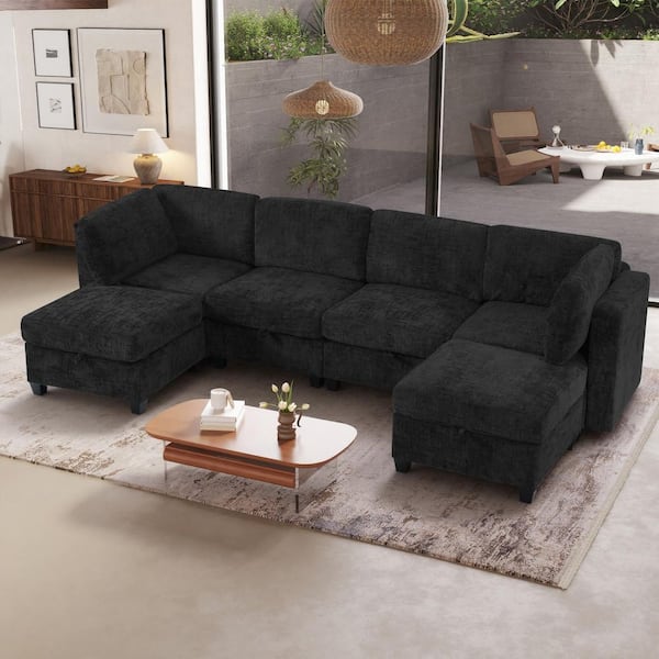Unity 128 in. Square Arm 6-Piece Chenille Modular Convertible Sectional Sofa in. Black with Storage, 2 Ottomans