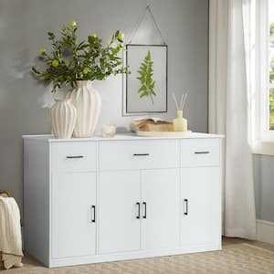 White Particle Board 56 in. Buffet Kitchen Storage Cabinet Sideboard with 4-Doors, 3-Drawers