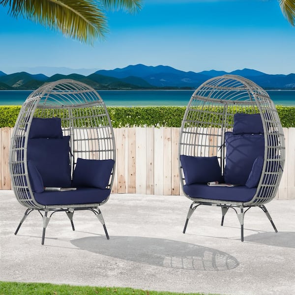 BFB 2 -Pieces Outdoor Oversized Gray Rattan Egg Chair Indoor Outdoor Chair