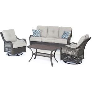 Orleans 4-Piece All-Weather Wicker Patio Deep Seating Set w/ Silver Lining Cushions, 4 Pillows and Coffee Table