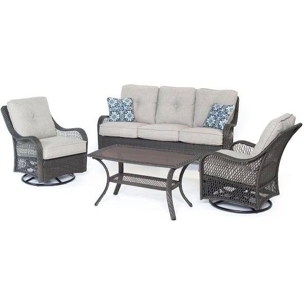 Hanover Orleans 4-Piece All-Weather Wicker Patio Deep Seating Set w/ Silver Lining Cushions, 4 Pillows and Coffee Table