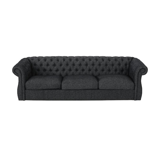 Noble House Hofstad 84.5 in Rolled Arm Fabric Rectangle 3-Seat Sofa Arms Back Base and Cushion Only in. Black Textured Tweed