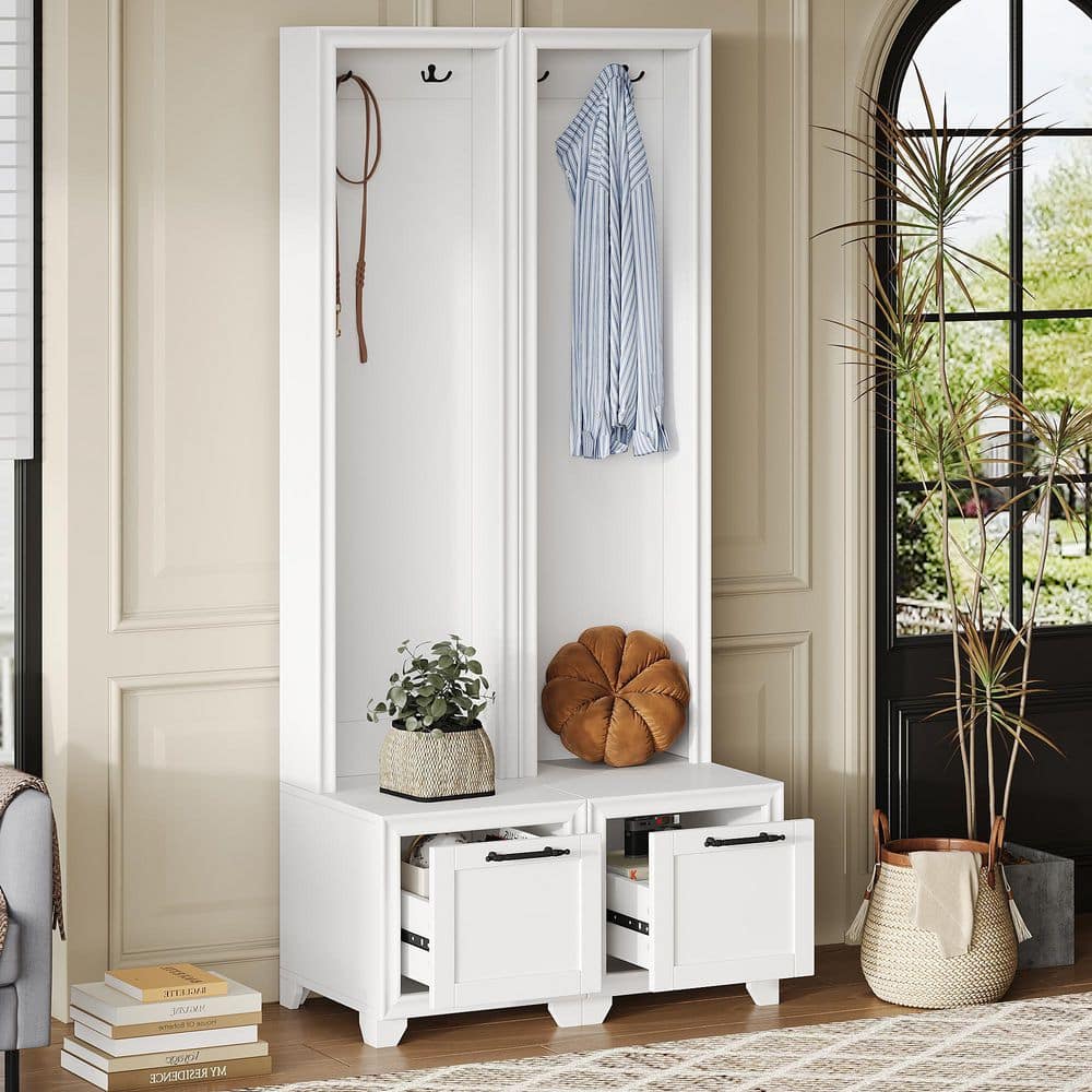 Clihome White MDF 3-in-1 Freestanding Coat Rack Set of 2 with Bench and ...