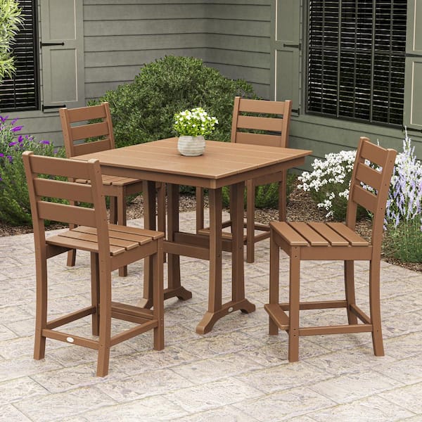 POLYWOOD Grant Park Teak 5-Piece HDPE Plastic Side Chair Farmhouse Trestle Counter Set