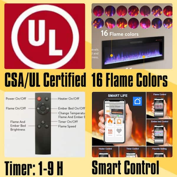 60 in. TV Stand with 50 in. Electric Fireplace Insert, Multi-Color Flame, Wi-Fi and Voice Control, 1400W Heat, White