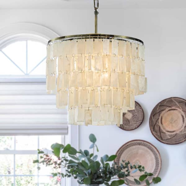 ALOA DECOR 3-Light 18 in. Coastal Capiz Seashells Chandeliers in Antique Bronze Farmhouse Natural Chandelier with Rectangle Shells