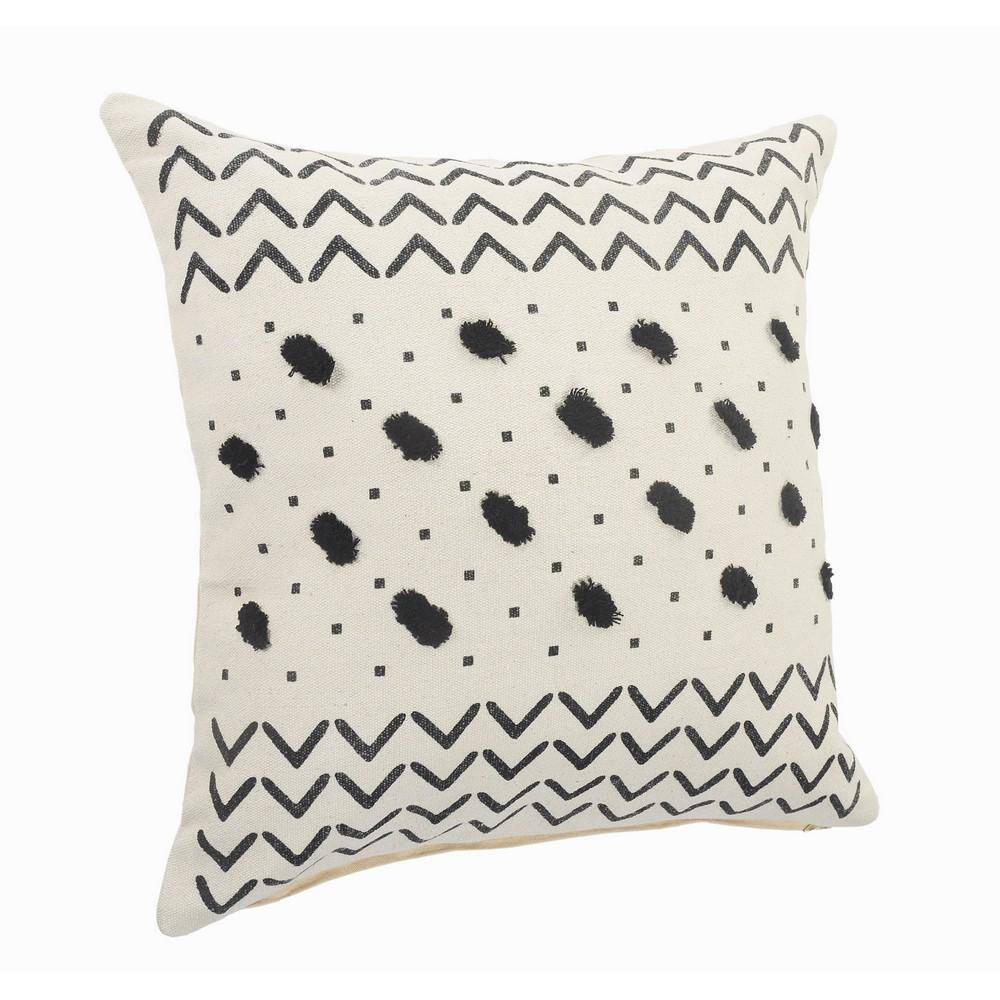 20" Square Black and Cream Tufted Grid Cotton Throw Pillow