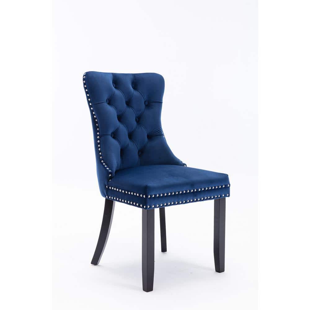 Blue Velvet Upholstered Dining Chair with Wood Legs Nailhead Trim (Set of 2