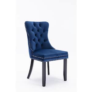 Blue Velvet Upholstered Dining Chair with Wood Legs Nailhead Trim (Set of 2)