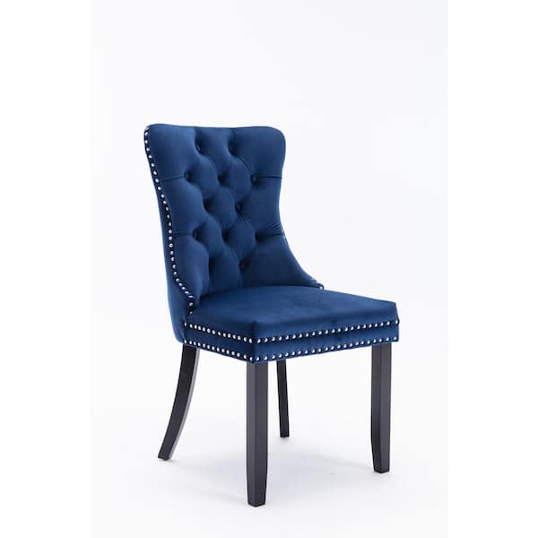 Unbranded Blue Velvet Upholstered Dining Chair with Wood Legs Nailhead Trim (Set of 2)