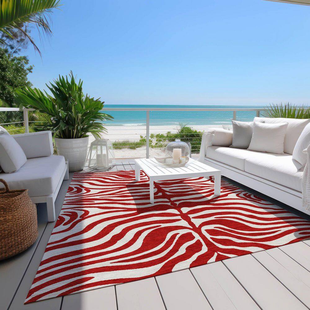 Red and White Zebra Pattern Washable Synthetic Area Rug