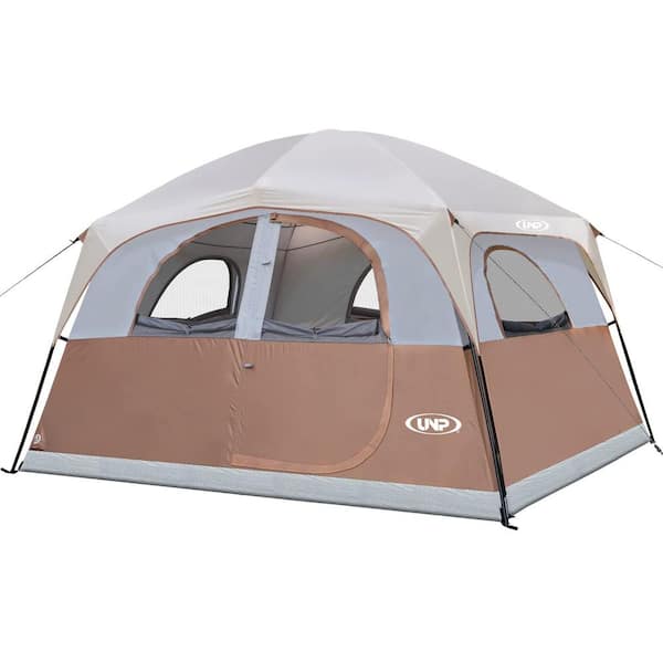 Unbranded Khaki 6-Person Double Layer Family Camping Tent with 1 Mesh Door and 5 Large Mesh Windows