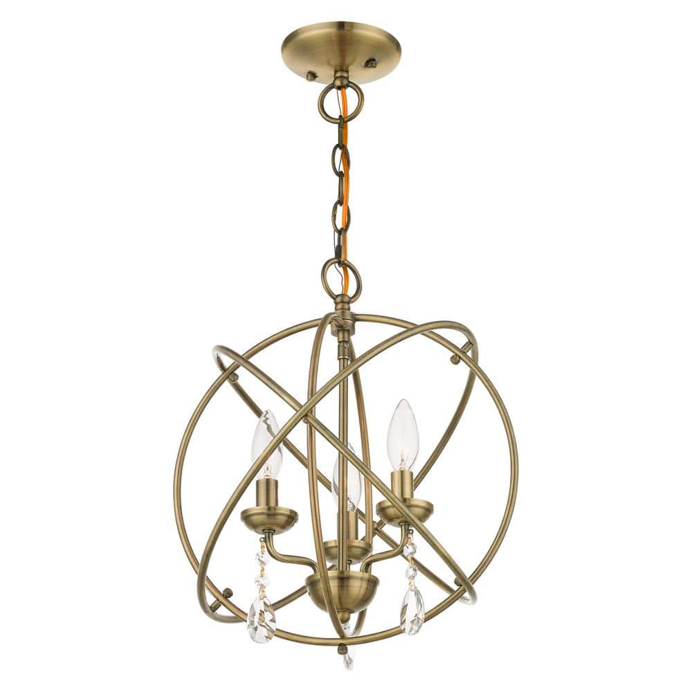 Antique Brass Mini 3-Light Chandelier with Teardrop Crystals