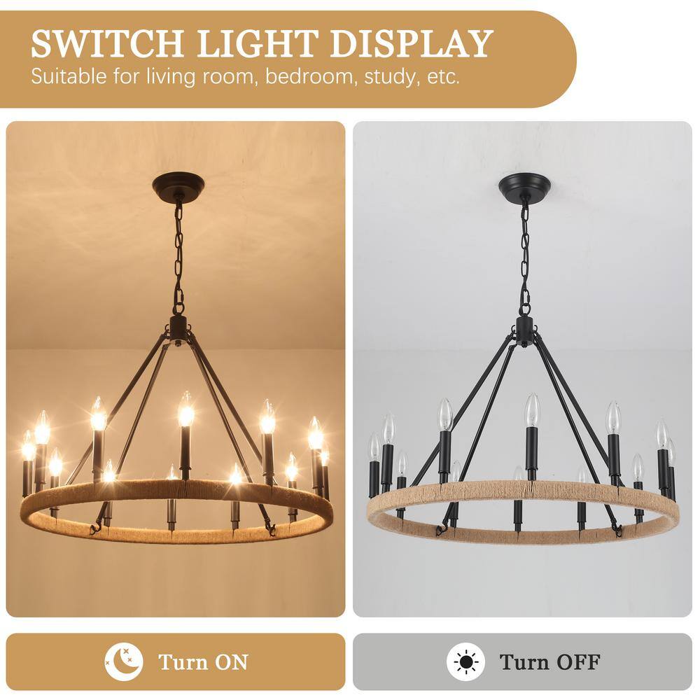 Matte Black 12-Light Candle Wagon Wheel Chandelier