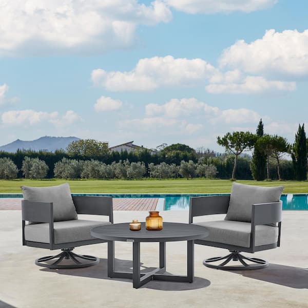Armen Living Argiope Dark Grey 3-Piece Aluminum Patio Conversation Set with Dark Grey Cushions