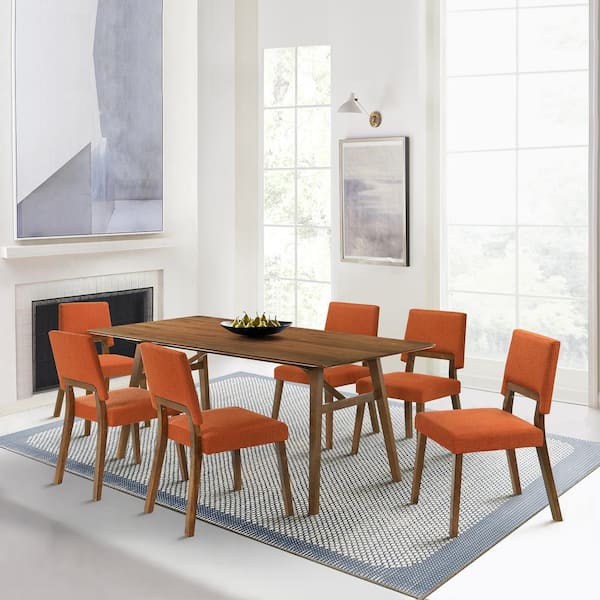 Armen Living Channell 7-Piece Rectangle Wood Top Orange Dining Set