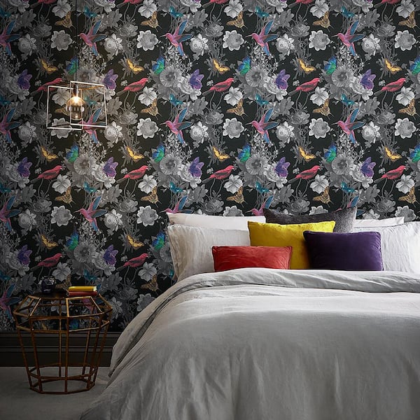 Jardin Black Floral Birds Paste the Wall Wallpaper