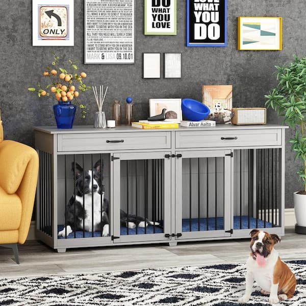 FUFU&GAGA Modern Large Dog Kennel Furniture with 2 Drawers, Indestructible Dog Kennel with Removable Irons for 2 Dogs, Gray