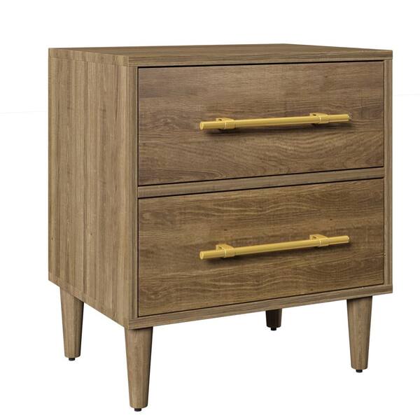 ATHMILE 2-Drawer Natural Walnut Nightstand with Golden Handles 23 in. L x 17 in. W x 25.3 in. H