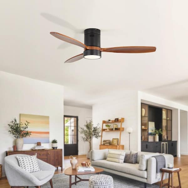 52 in. Black and Brown Flush Mount Standard Indoor/Outdoor Ceiling Fan with Light, Remote and Reversible Motor Included