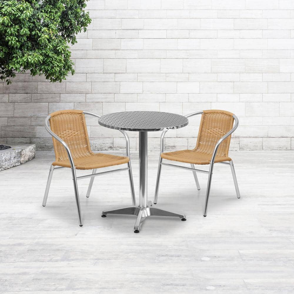 3-Piece Aluminum Outdoor Dining Set 23.5 in. Round Outdoor Table Set with 2 Rattan Chairs in Beige