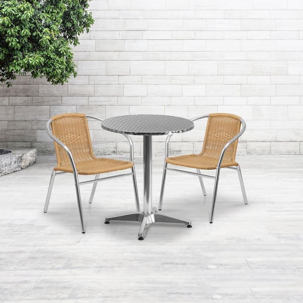 Flash Furniture 3-Piece Aluminum Outdoor Dining Set 23.5 in. Round Outdoor Table Set with 2 Rattan Chairs in Beige