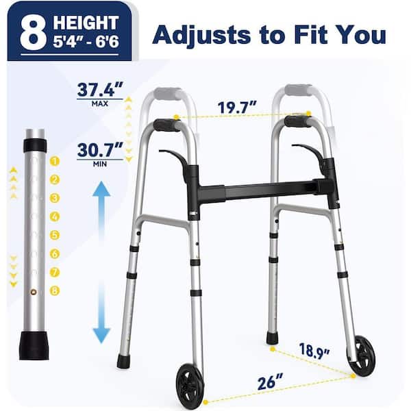 JFVKAF Height Adjustable Standard Folding Walker with Wheels and