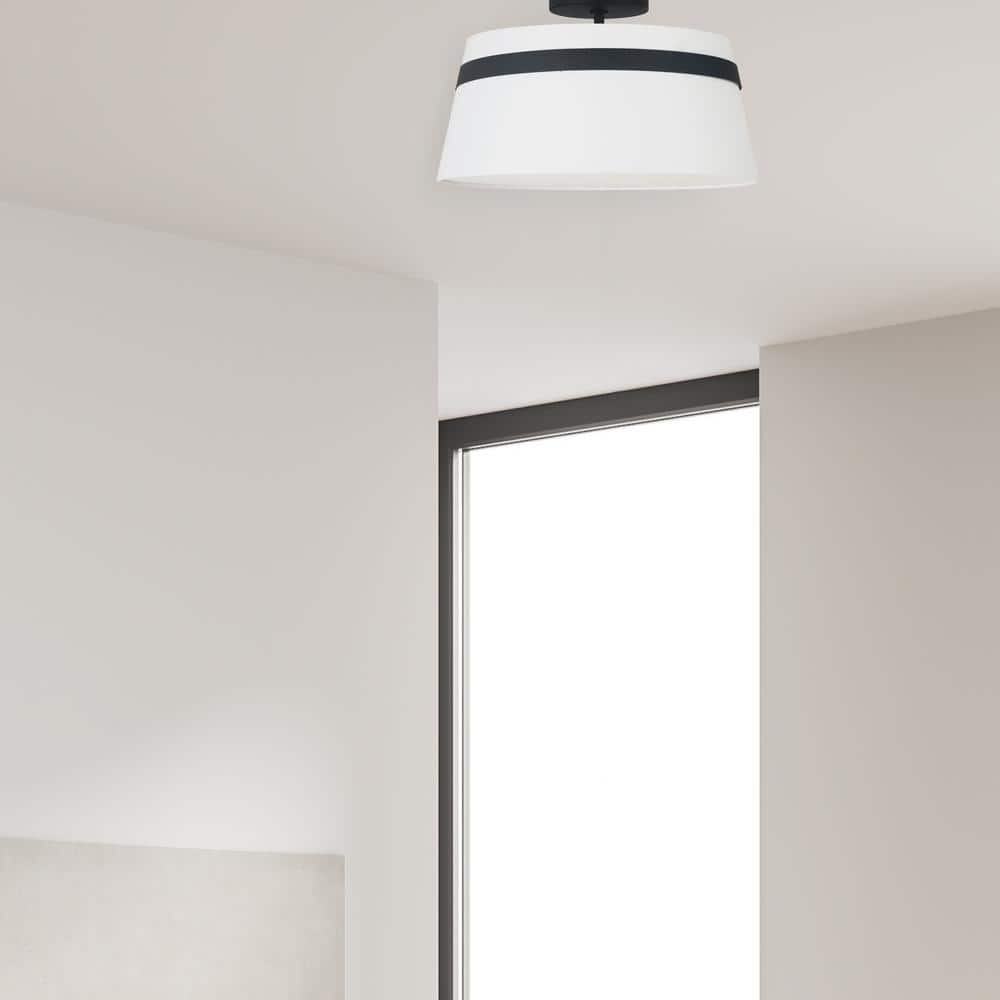 15" Matte Black & White Glass Drum Ceiling Light