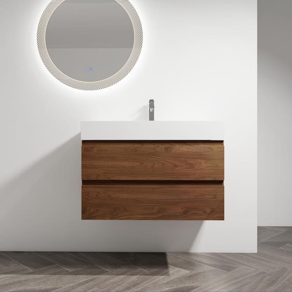 Unbranded 36 in. W Single Sink Wall-Mounted Bath Vanity in Brown Oak with White Cultured Marble Top