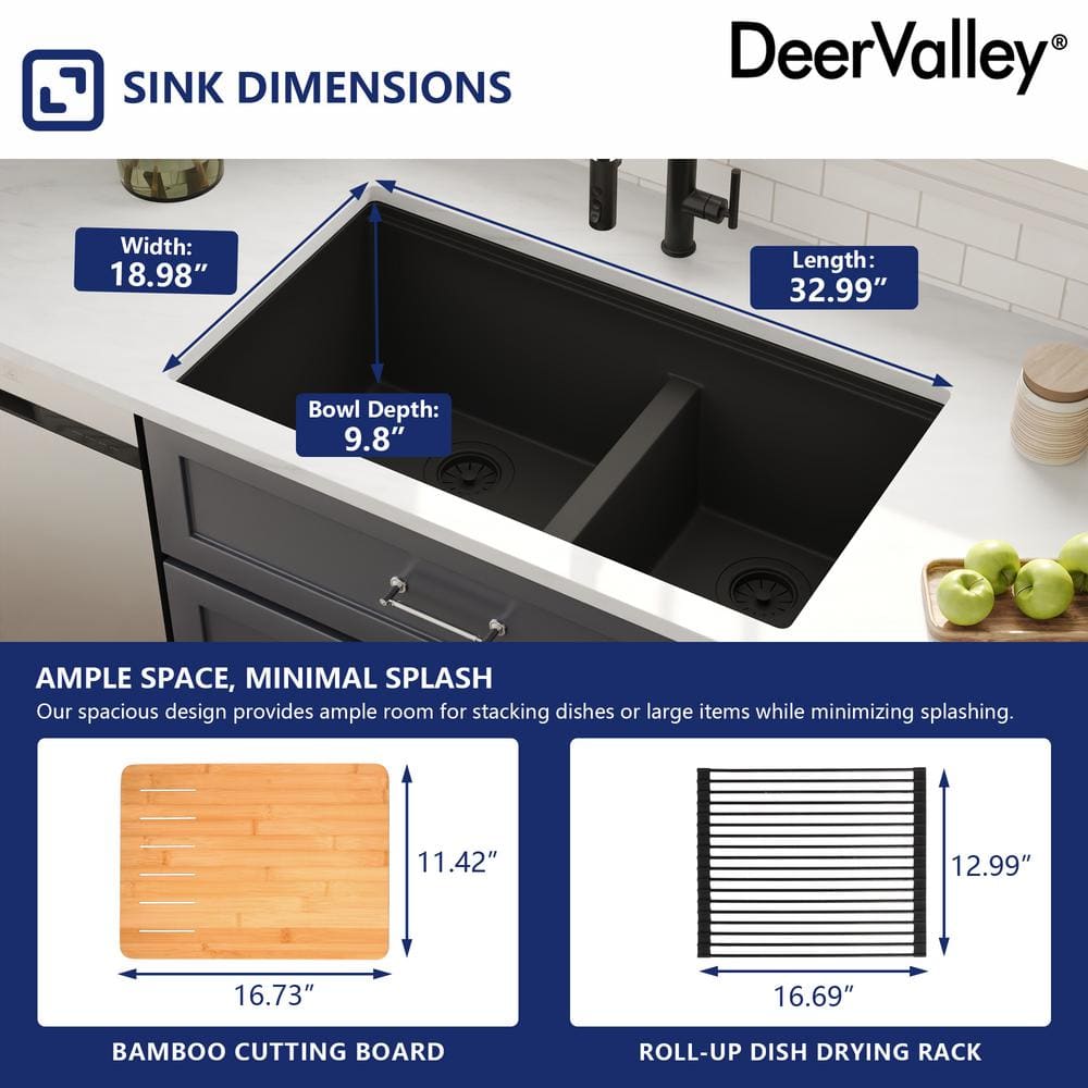 Black Granite Double Bowl Drop-In Kitchen Sink with Accessories