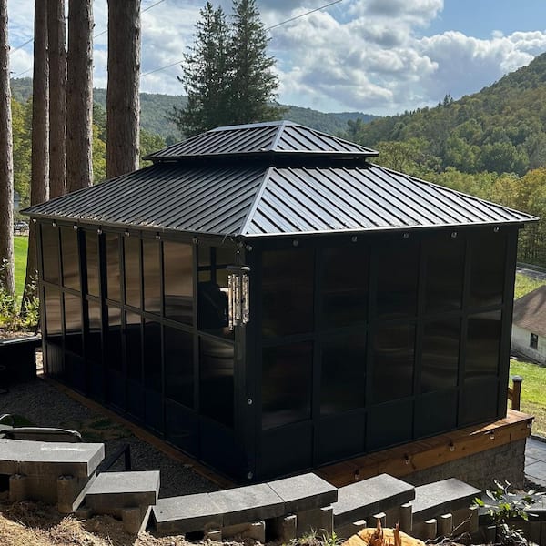 PURPLE LEAF 12 ft. x 16 ft. Sunroom Hardtop Gazebo Solarium Galvanized Steel Double Roof Aluminum Screen House Patio Backyard Gray