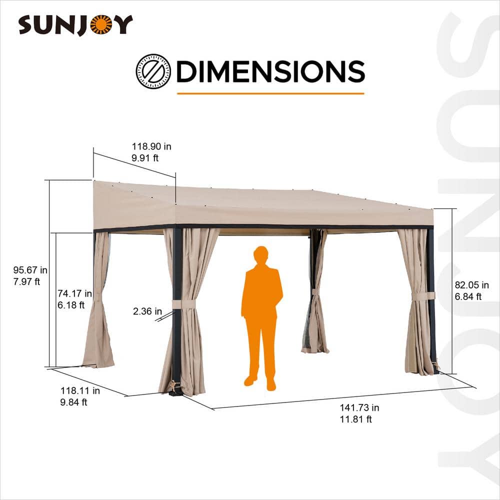 Sunjoy 10 x 12 ft Beige Aluminum Wall-Mounted Gazebo with Curtains