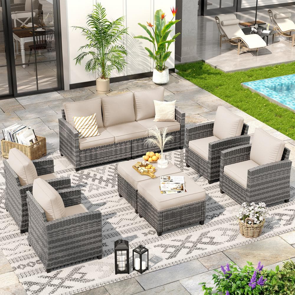 Gray Wicker 7-Person Outdoor Seating Group With Beige Cushions (1-3-Seat Sofa, 4-Single Sofa, 2-Ottomans) price history on PriceWatchPro