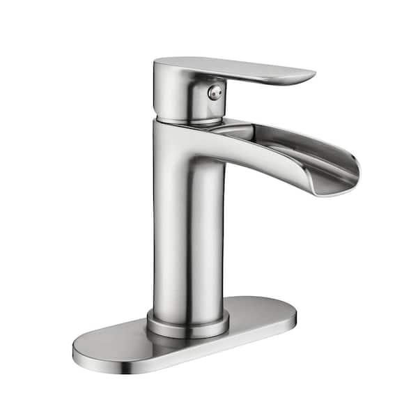 Lukvuzo Single Handle Bathroom Faucet with 1 or 3 Hole Vanity Waterfall Faucet with Deck Plate & Pop Up Drain in Brushed Nickel