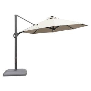 11 ft. Aluminum Pole Outdoor Cantilever Patio Umbrella in Gray with Solar LED Light, Crank and Base