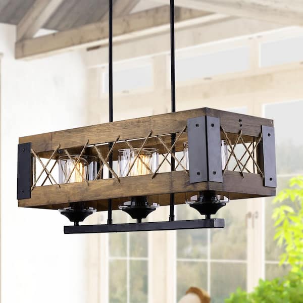 LNC Farmhouse 3-Light Black Rectangle Cage Wood Chandelier for Kitchen, Dining Room with Clear Glass Shade