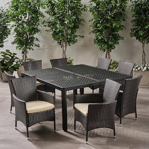 Bragdon Matte Black and Multi-Brown 9-Piece Aluminum and Faux Rattan Square Outdoor Dining Set with Beige Cushions