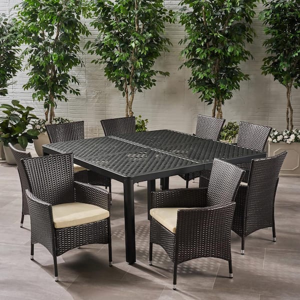 Noble House Bragdon Matte Black and Multi-Brown 9-Piece Aluminum and Faux Rattan Square Outdoor Dining Set with Beige Cushions