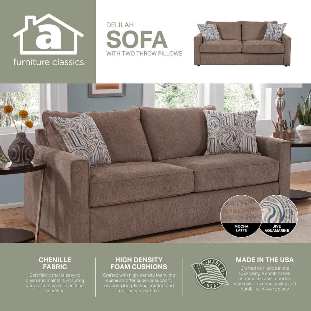 Latte Brown Chenille Sofa with Swirl Accent Pillows